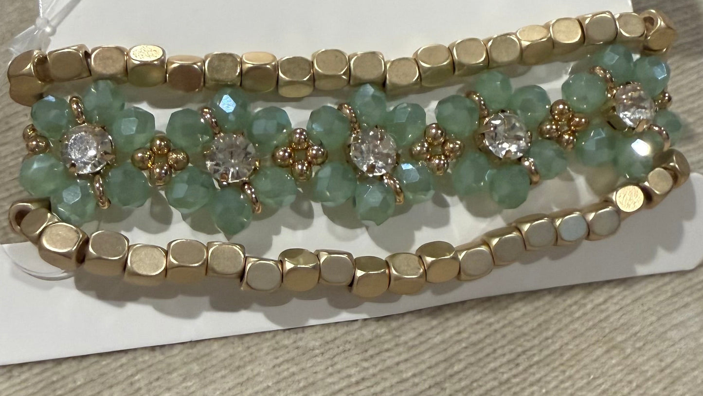 Sage Floral and Gold Bracelet Stack