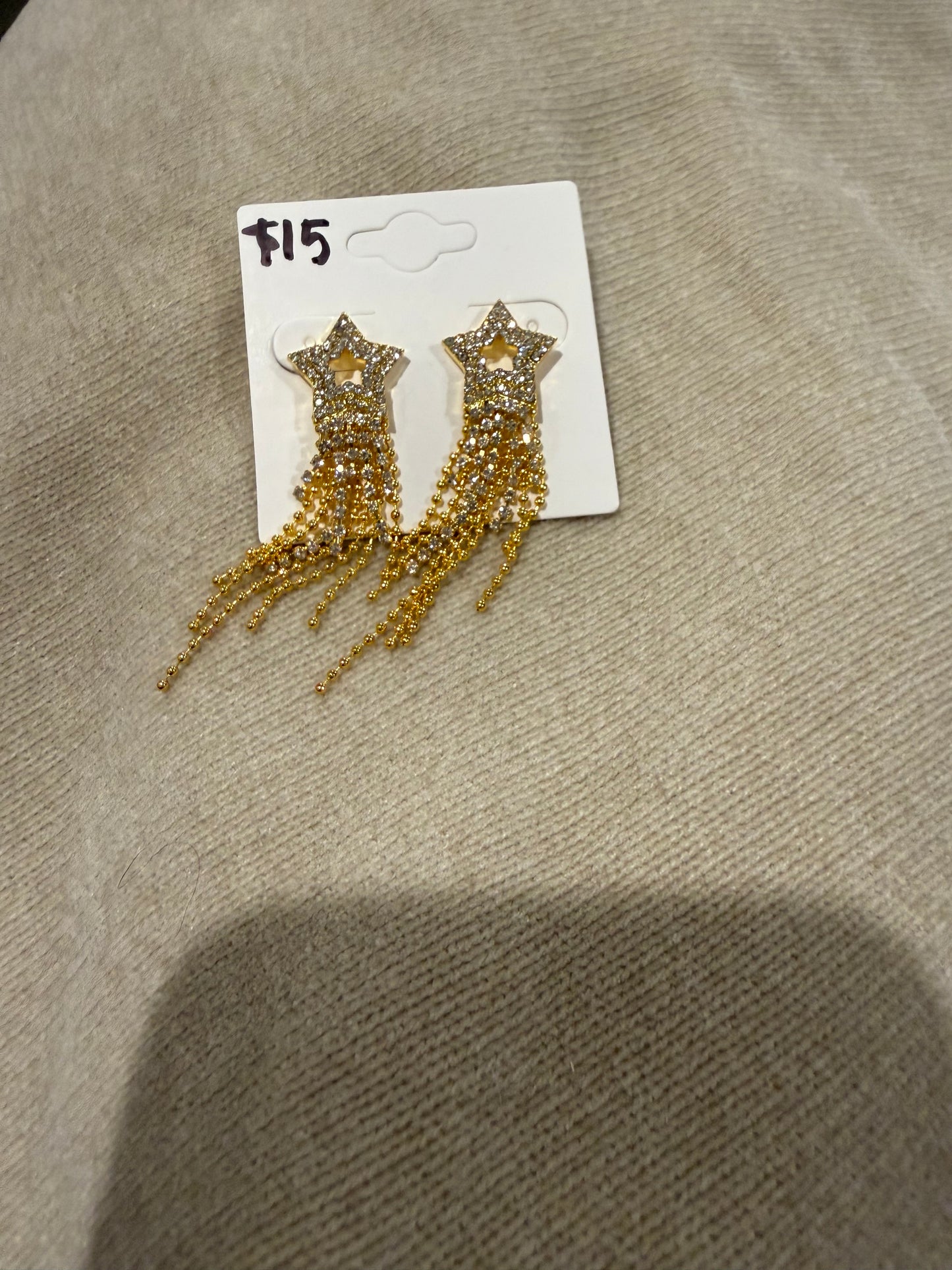 Rhinestone Gold Star Fringe Earrings